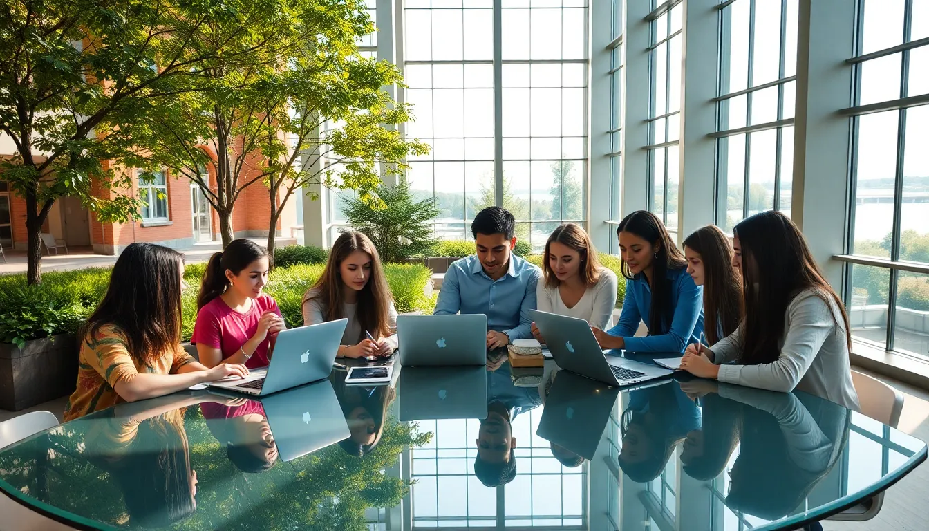 students collaborating in a modern campus setting at Stevens Institute of Technology.