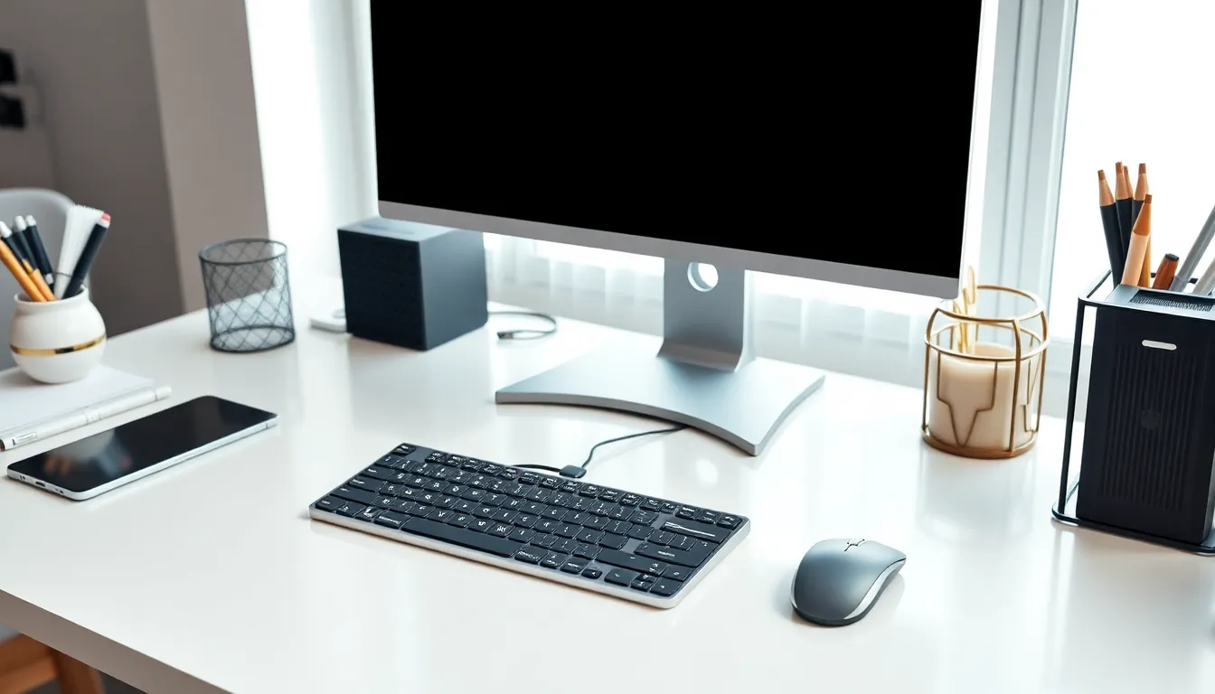 modern desk showcasing essential tech accessories and organizers.