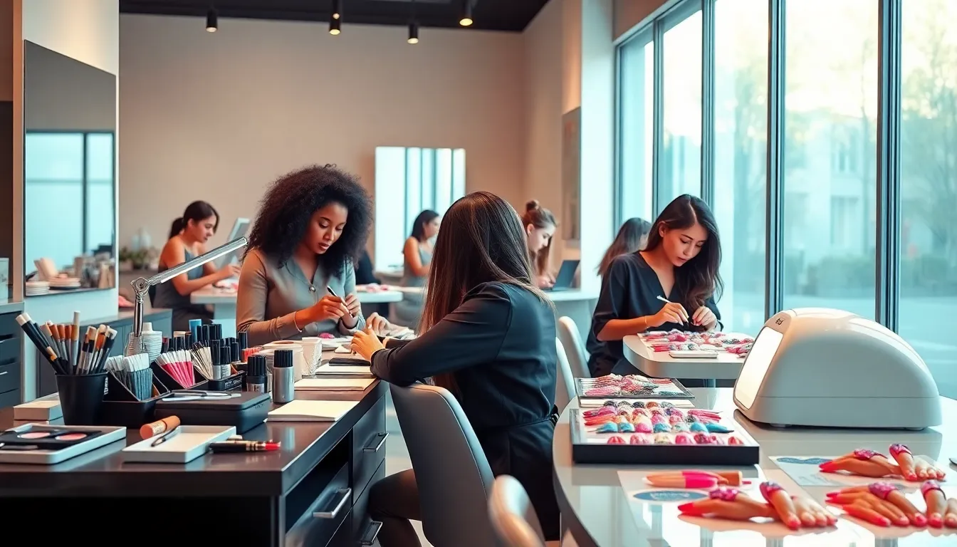 nail technicians using accessories in a bright salon setting.