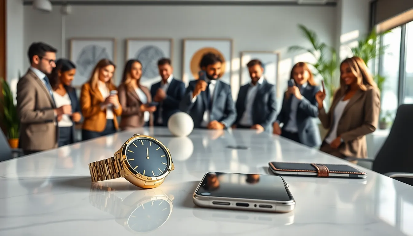 diverse professionals showcasing luxury tech accessories in a modern office.