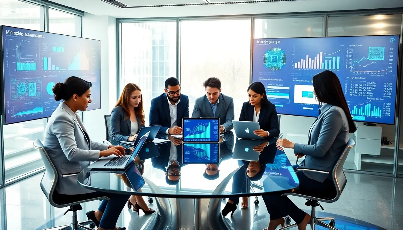 diverse team discussing microchip technology trends in a modern office.