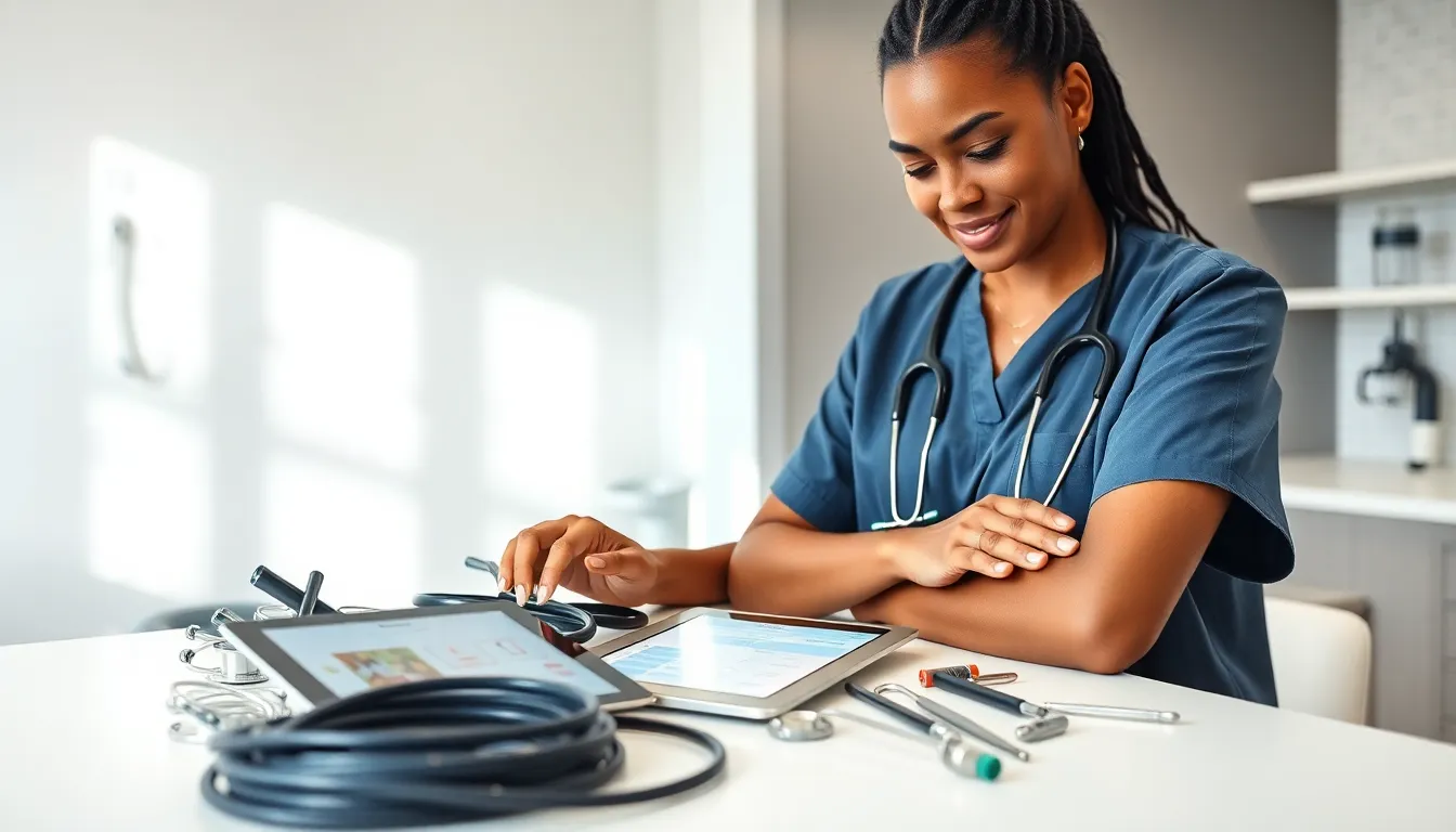 veterinary technician organizing accessories in a modern clinic.