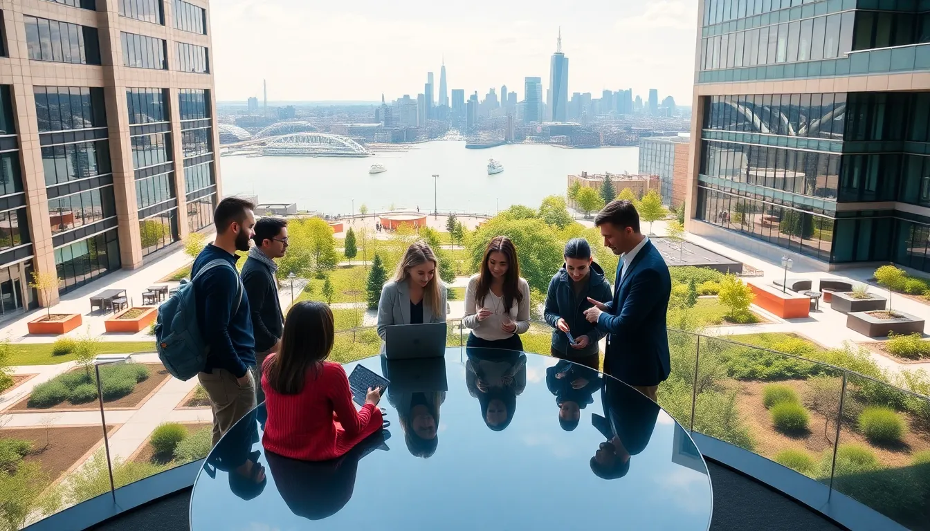 diverse students collaborating at Stevens Institute of Technology with Manhattan skyline background.