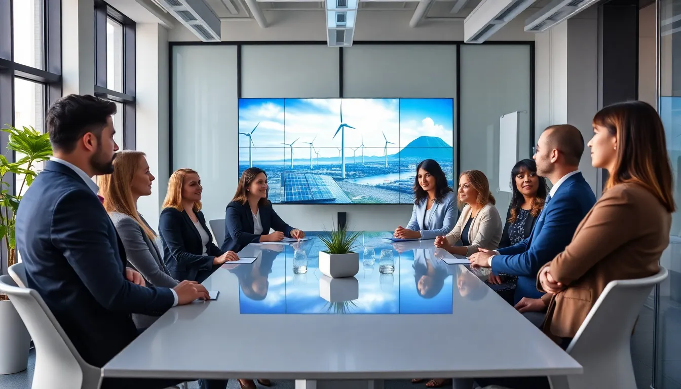 diverse professionals discussing renewable energy technologies in a modern office.