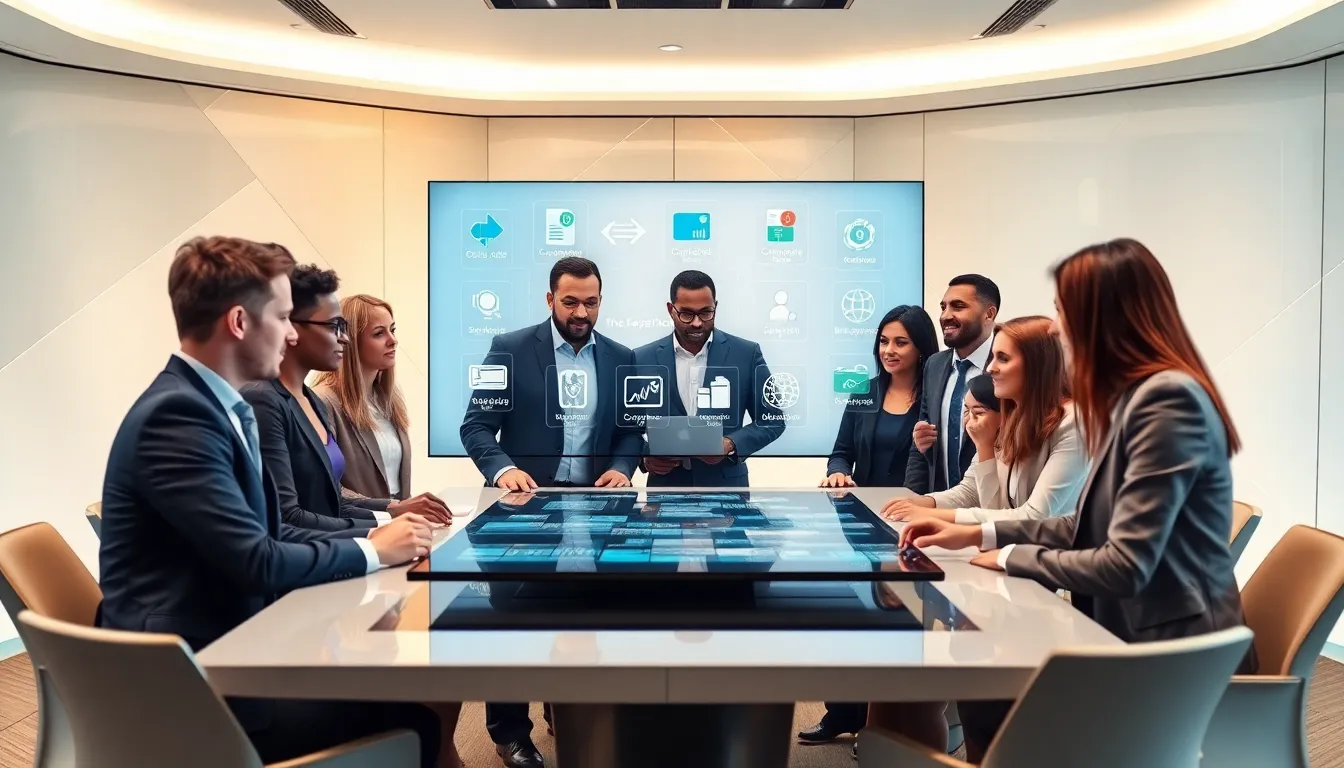 professionals discussing emerging payment technologies in a modern office.