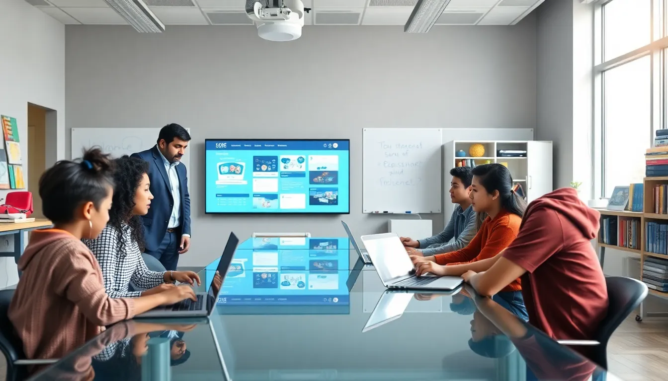 diverse students and teacher in a modern classroom using technology.