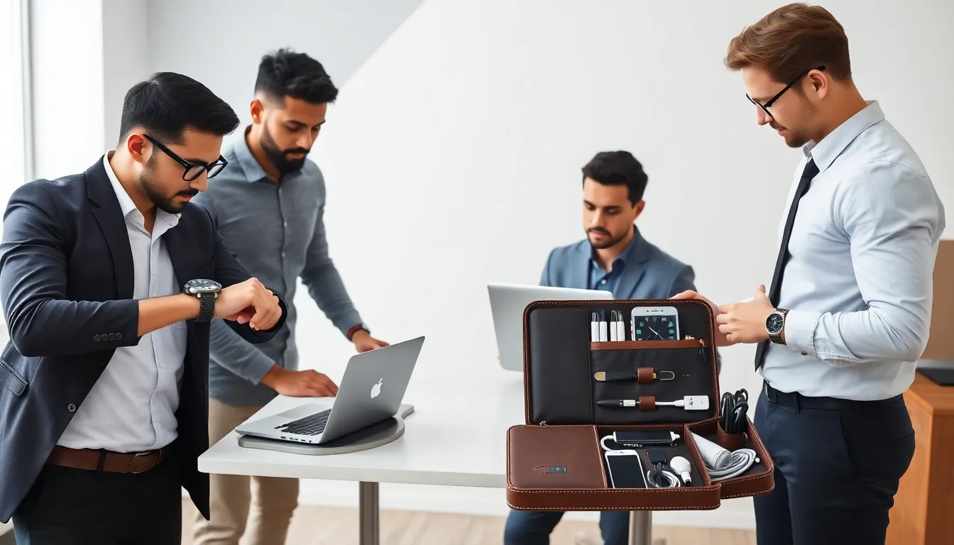 diverse men showcasing stylish tech accessories in a modern workspace.