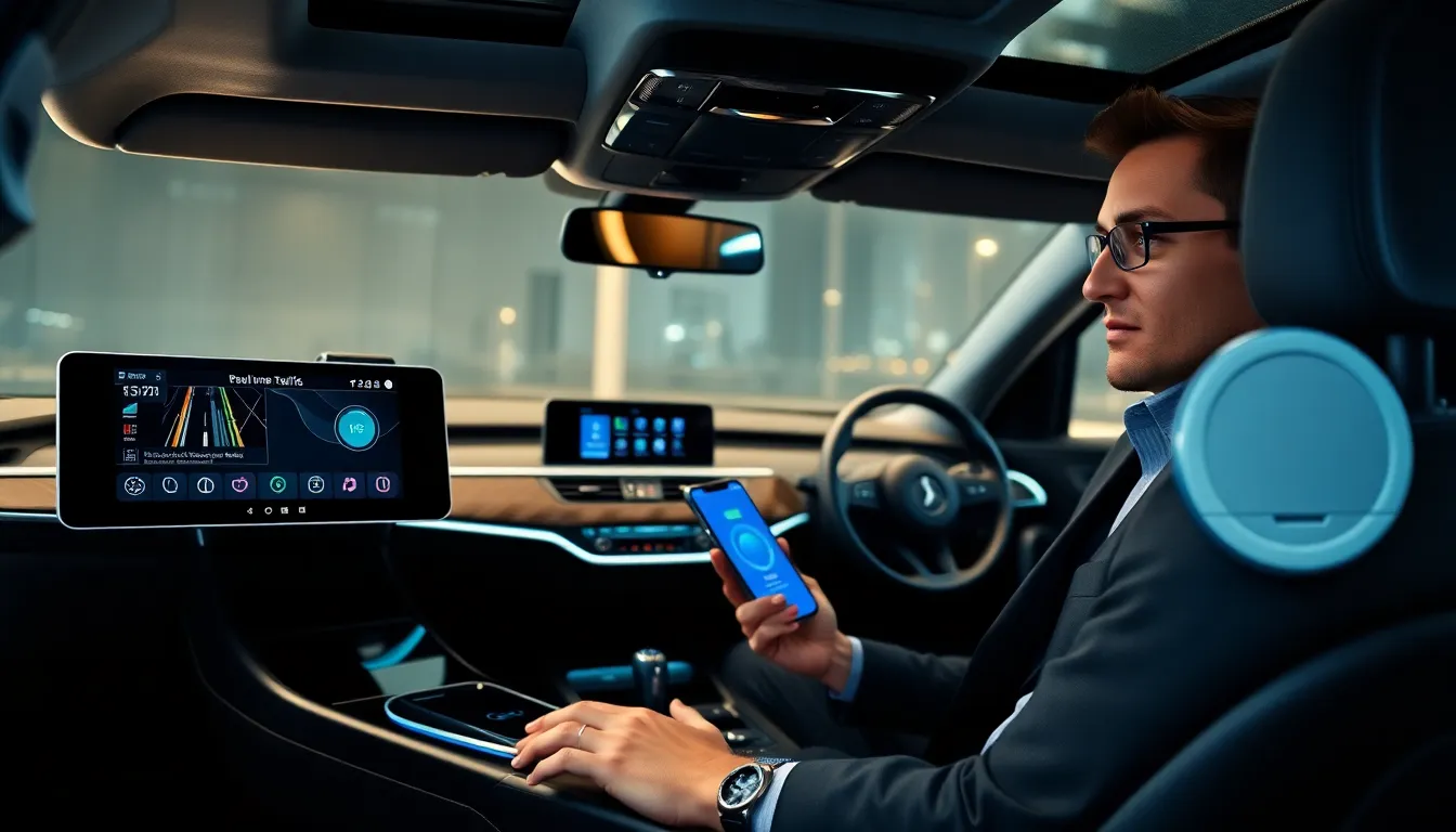 a modern car interior with advanced tech accessories and a confident driver.
