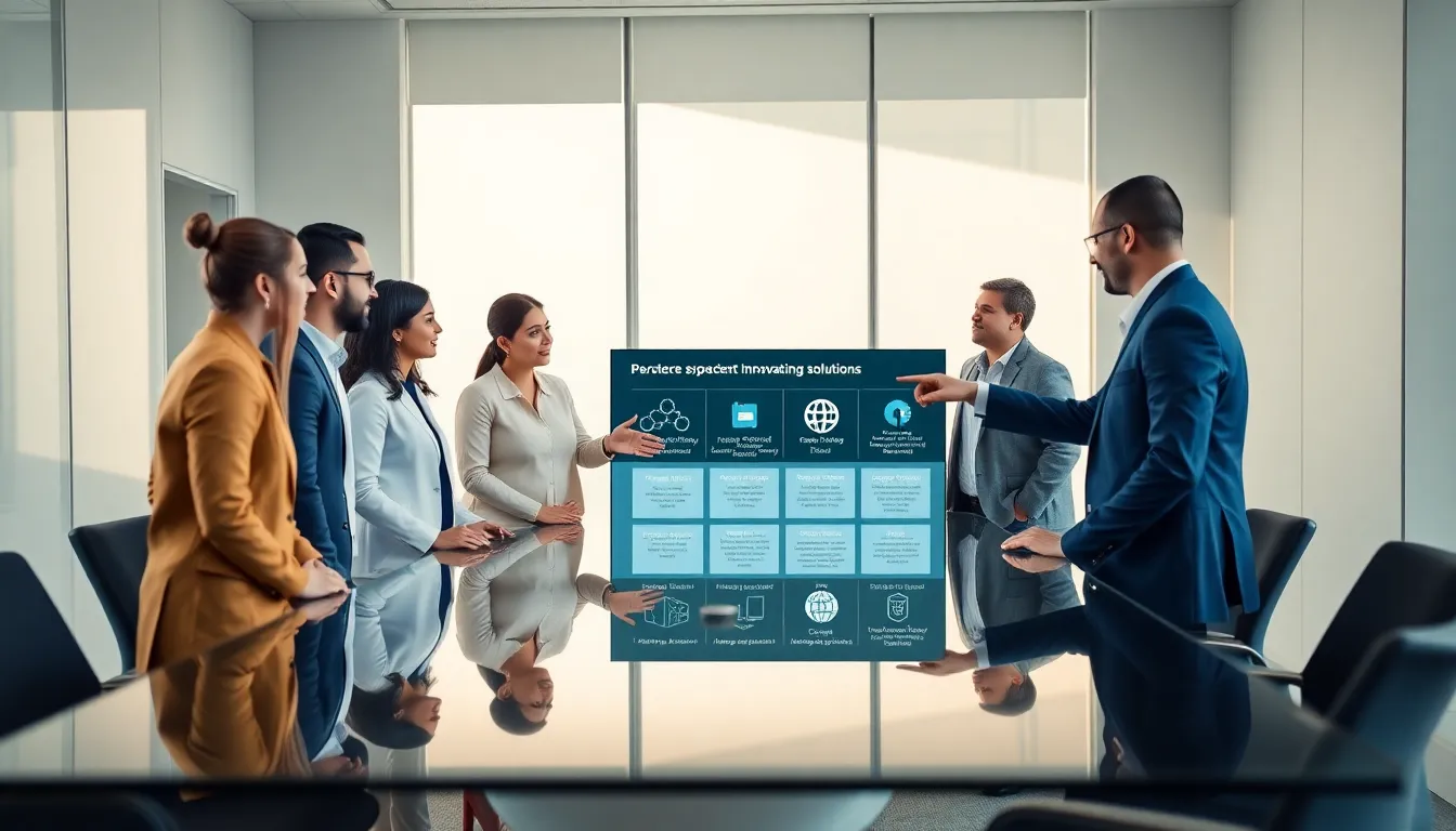 diverse team discussing digital solutions in a modern office.