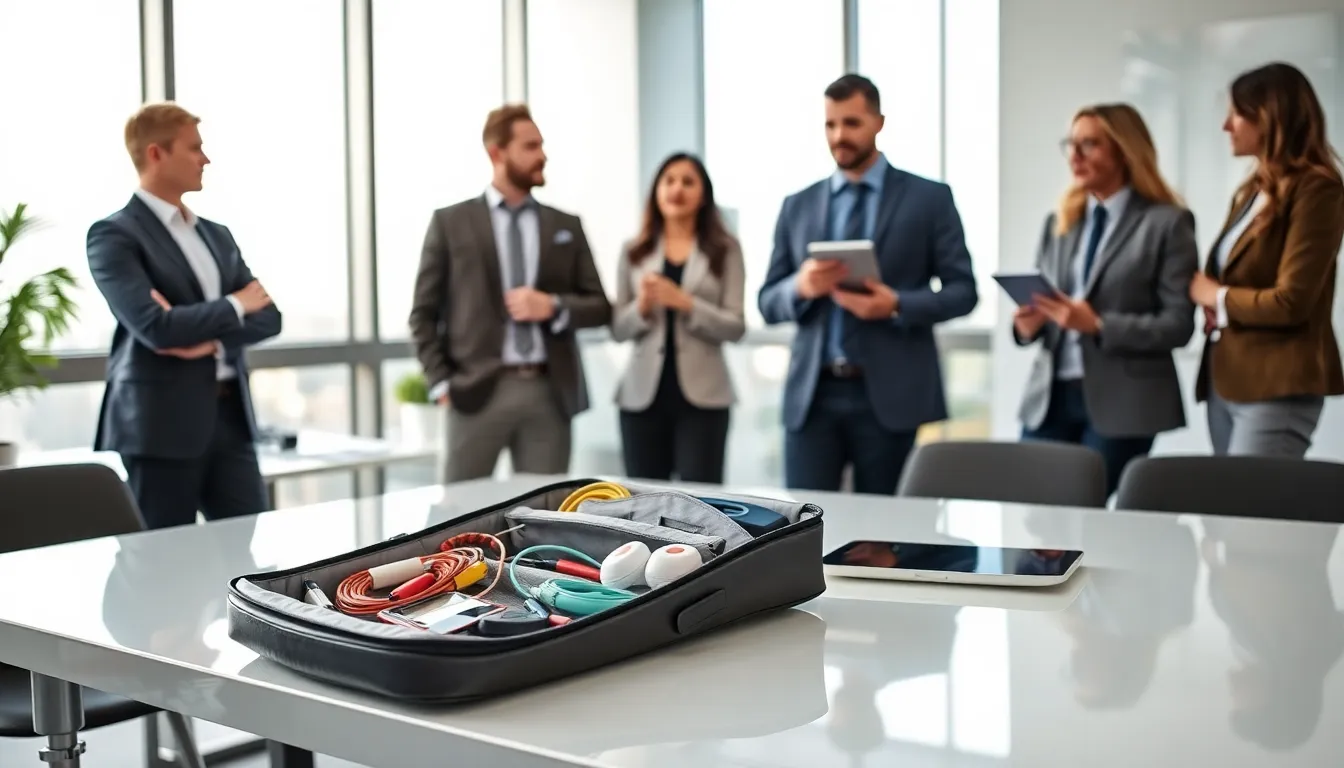 a tech accessories bag showing organized gadgets in a modern office.