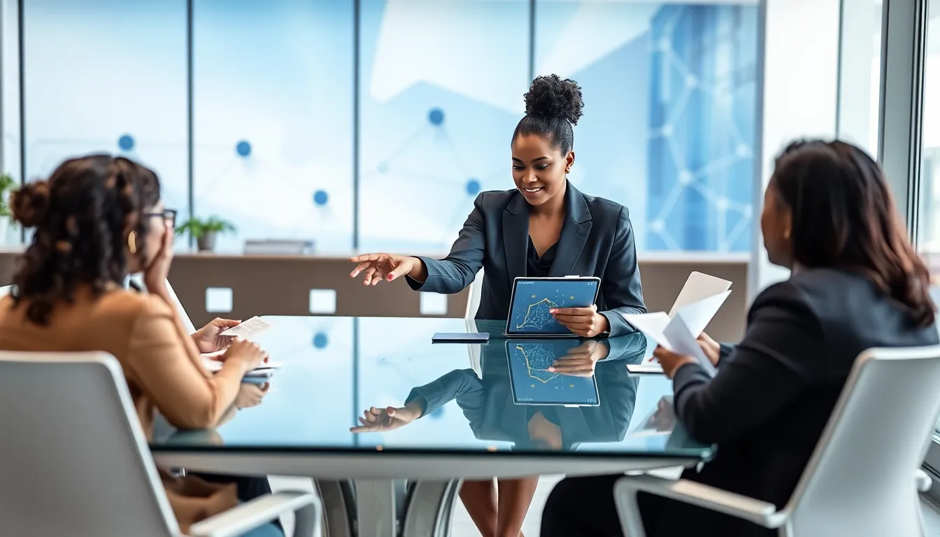 diverse professionals discussing blockchain technology in a modern office.