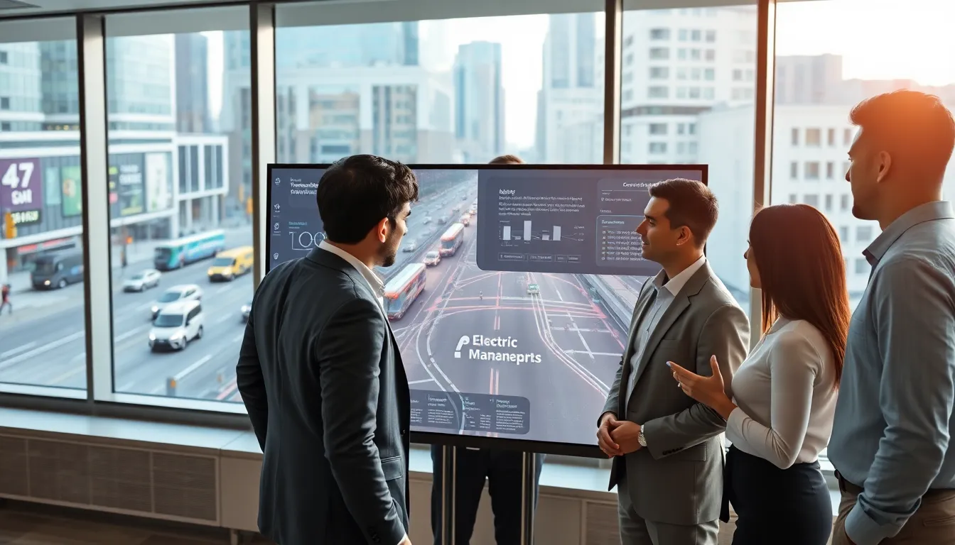 professionals discussing emerging transportation technologies in a modern office.