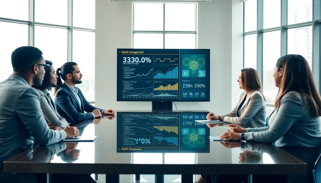 diverse team discussing wealth management technology in a modern office.